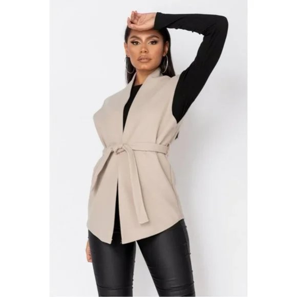 Beige Wool Blend Sleeveless Belted Vest Blazer Jacket - Picture 9 of 11